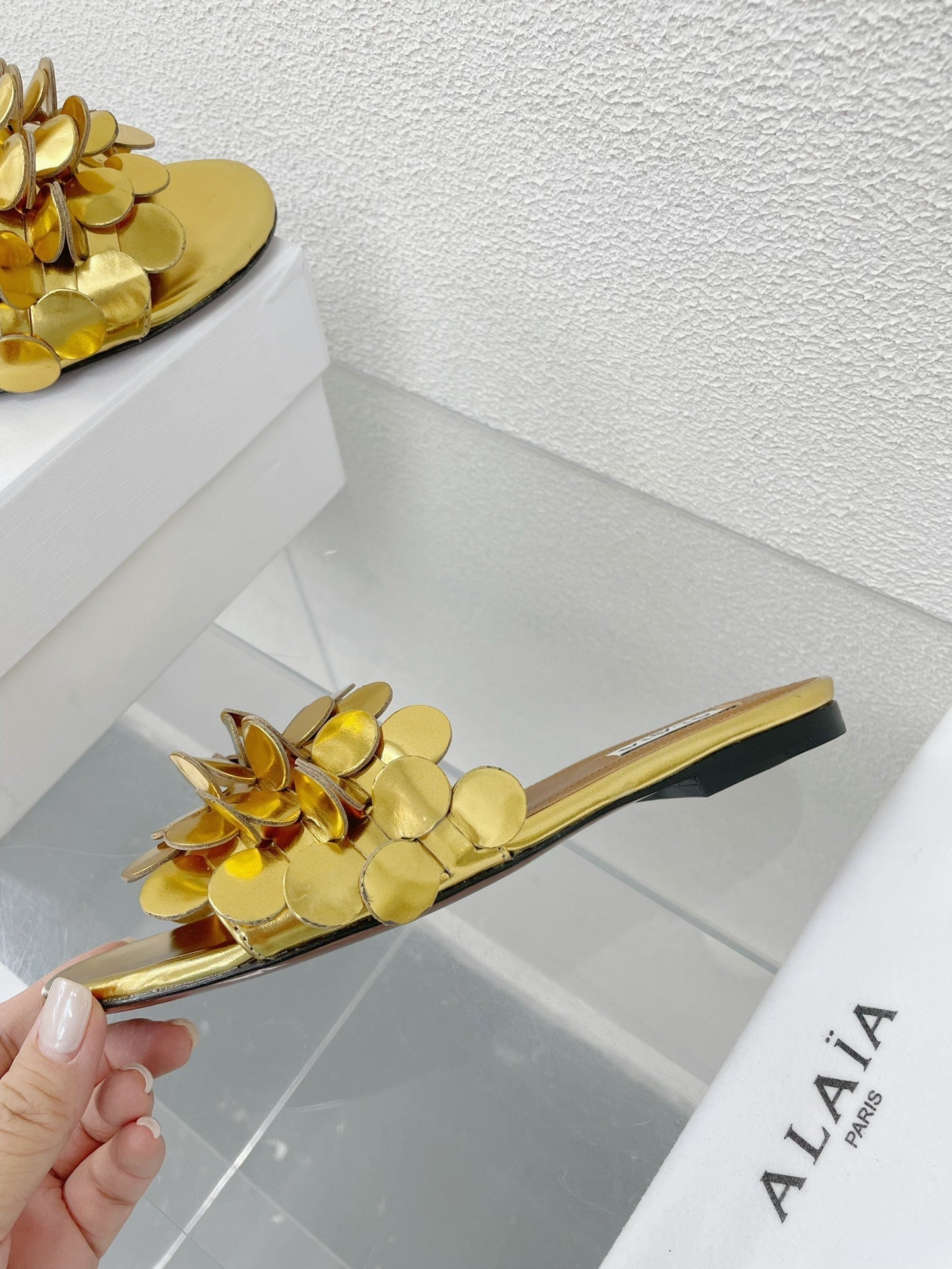 alaia sandal mule flower gold metalic lambskin