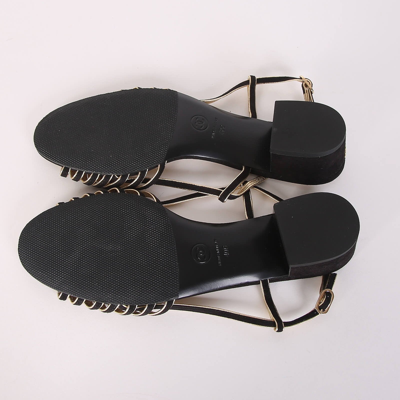CC  Strappy Low Heel Sandals 35mm Black Gold Metallic Suede