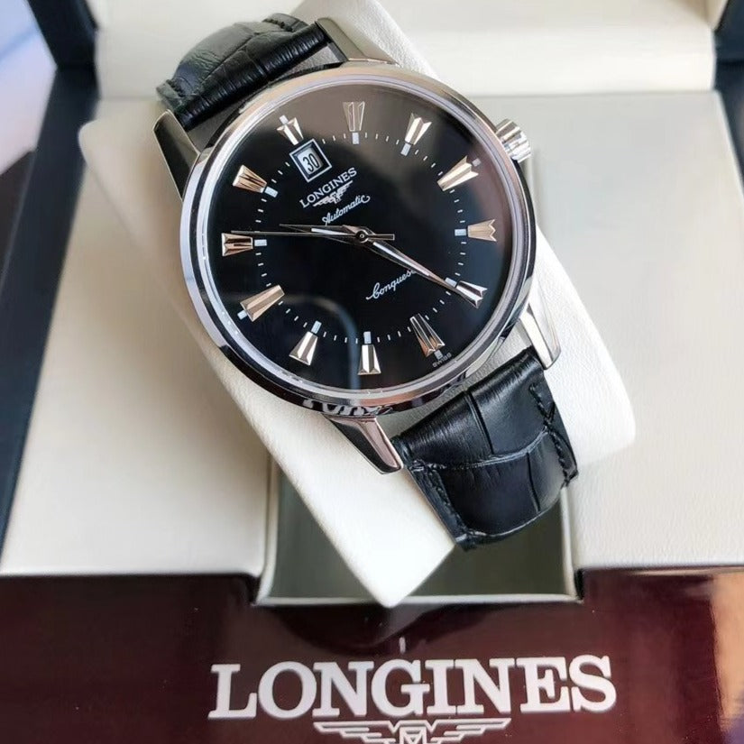 CONQUEST STEEL CASE BLACK DIAL GOLD NUMERALS