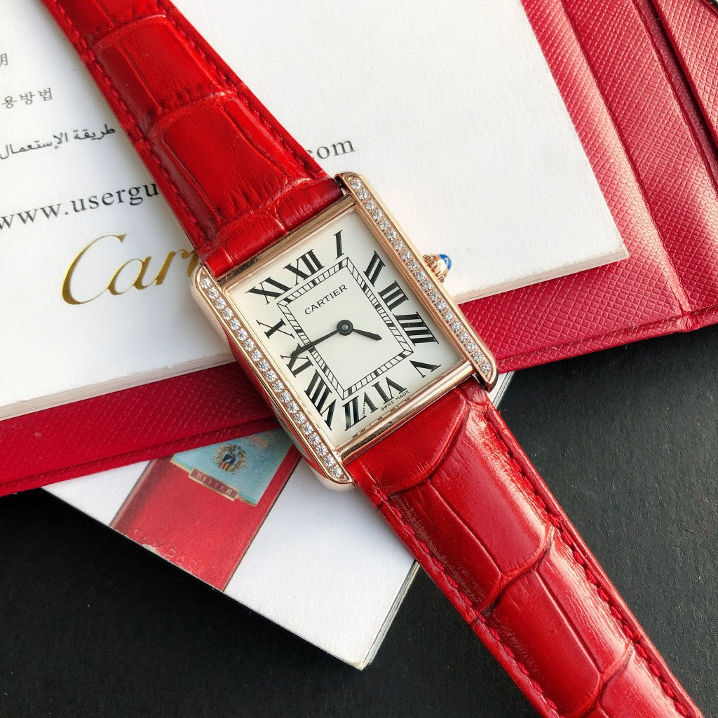 TANK SOLO PINK GOLD DIAMOND BEZEL RED LEATHER