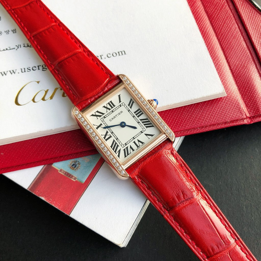 TANK SOLO PINK GOLD DIAMOND BEZEL RED LEATHER