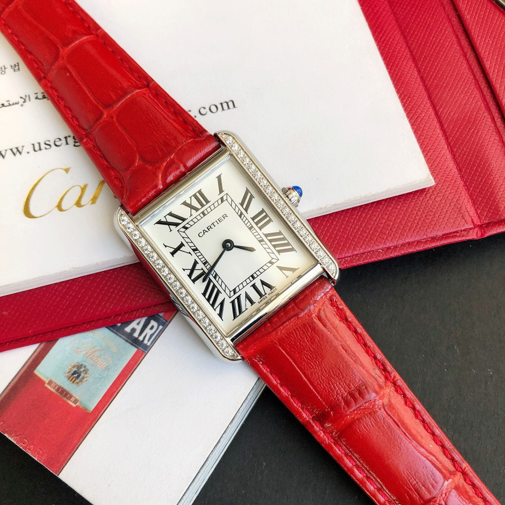 TANK SOLO STEEL DIAMOND BEZEL RED LEATHER