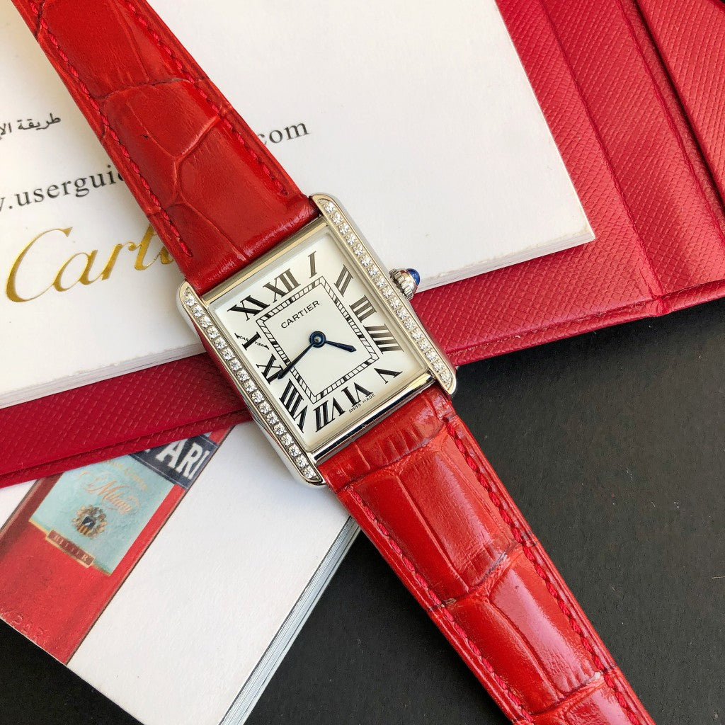 TANK SOLO STEEL DIAMOND BEZEL RED LEATHER