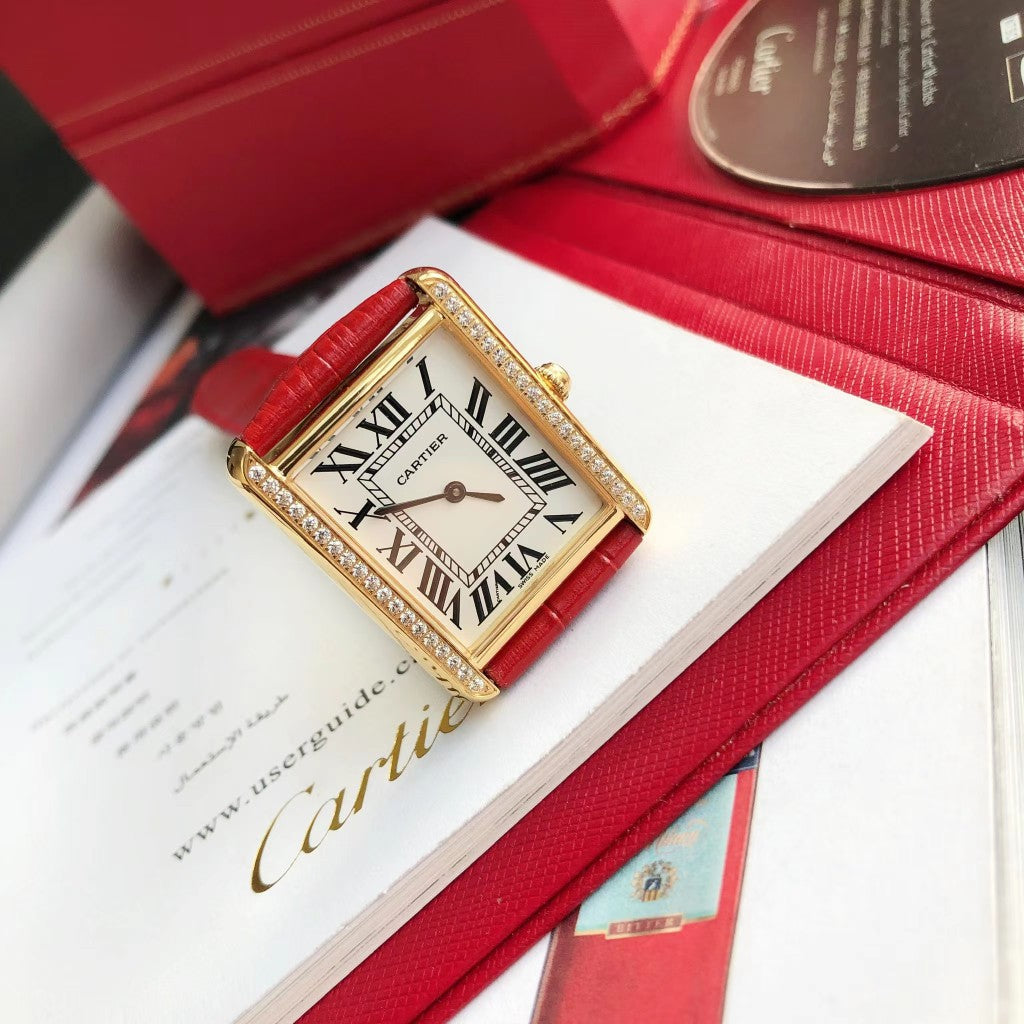 TANK SOLO GOLD DIAMOND BEZEL RED LEATHER