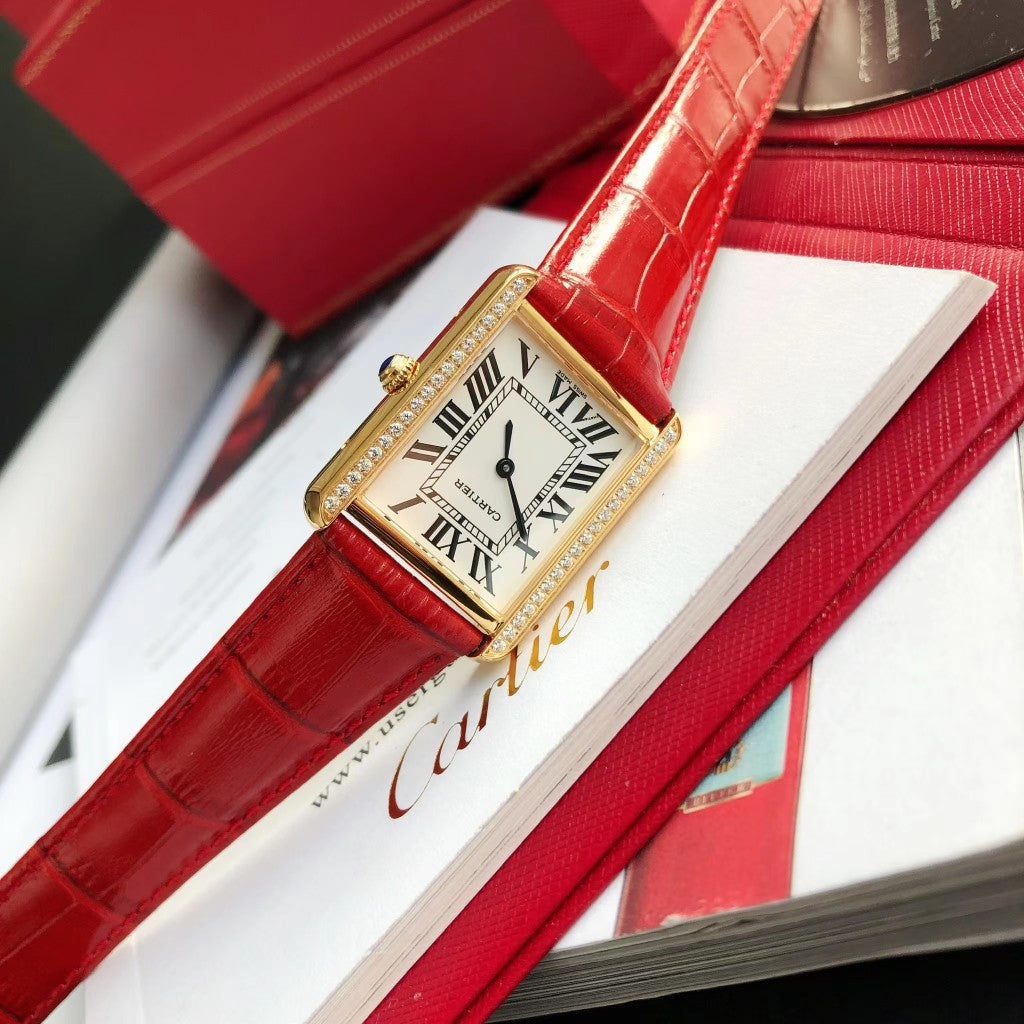 TANK SOLO GOLD DIAMOND BEZEL RED LEATHER