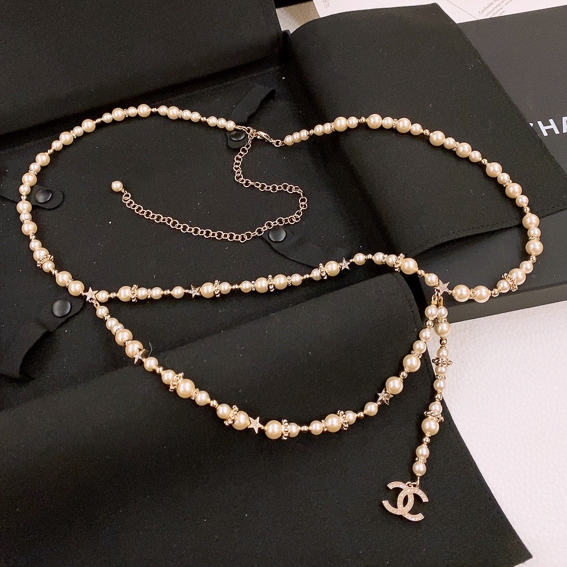 CHANEL Faux Pearl Chain Fancy Belt Gold Interlocking