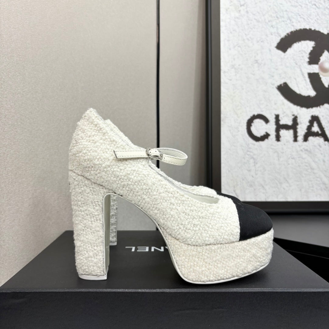 Chanel 25 Platform Thick Heel Shoe White Black Sheepskin