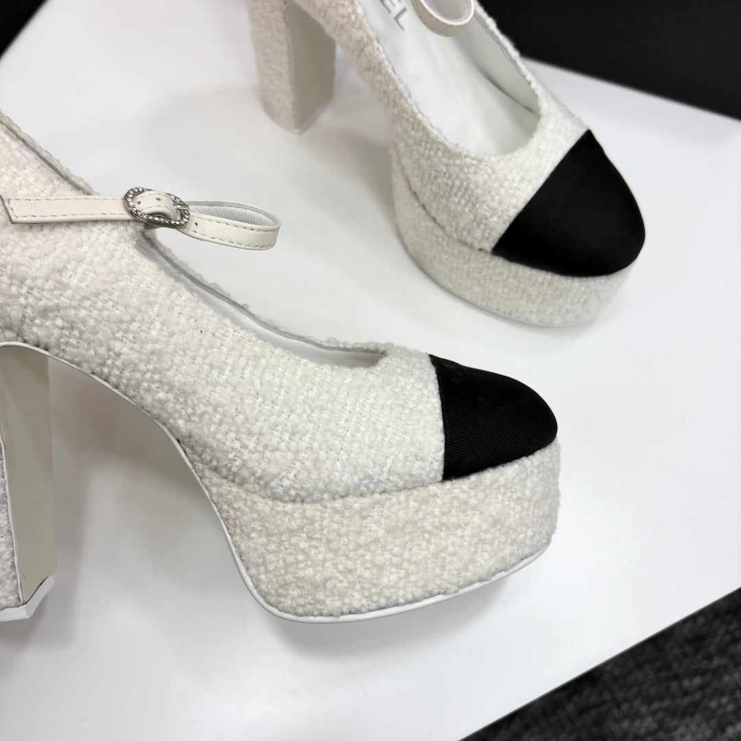 Chanel 25 Platform Thick Heel Shoe White Black Sheepskin