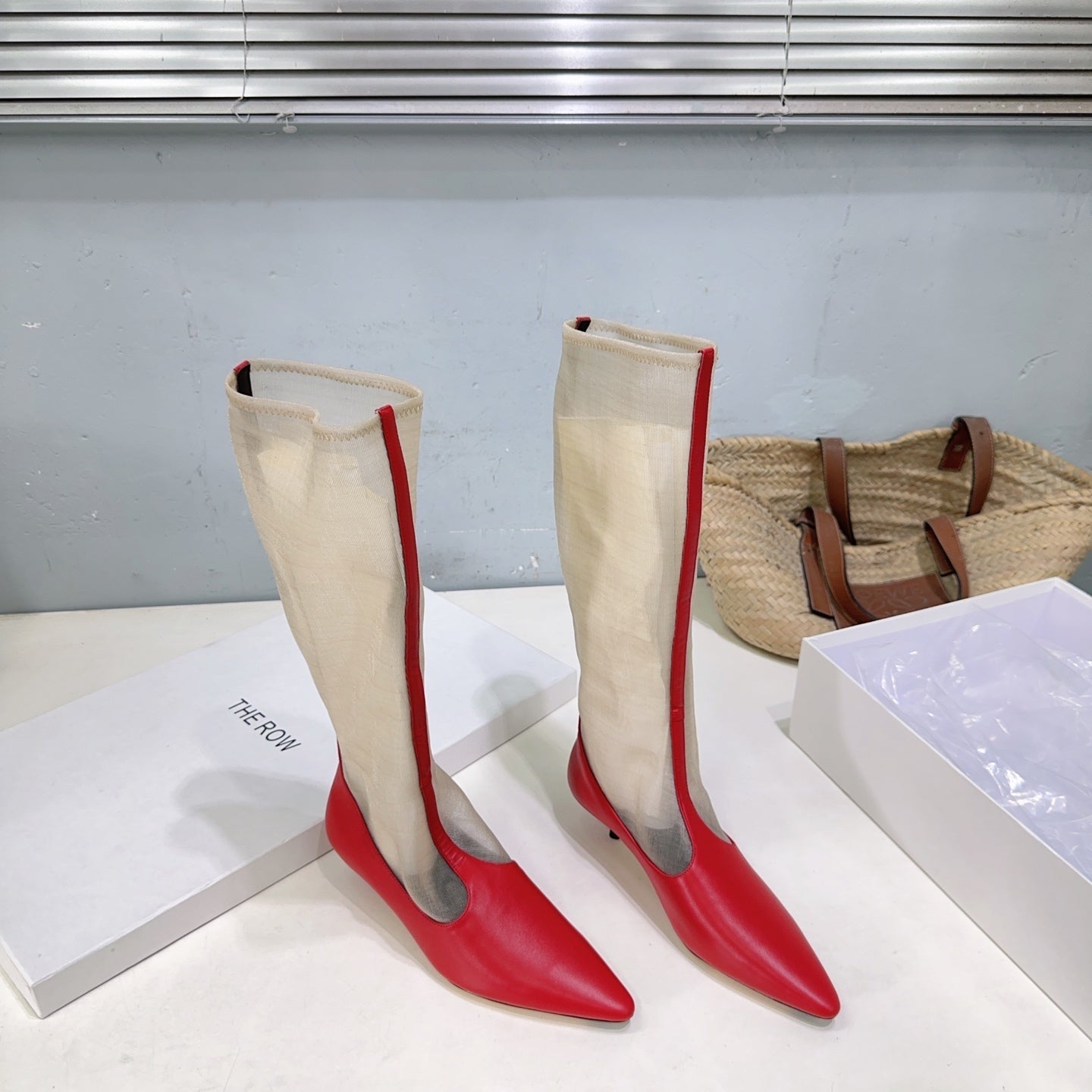 The Row White Mesh Red Leather Knee Boot