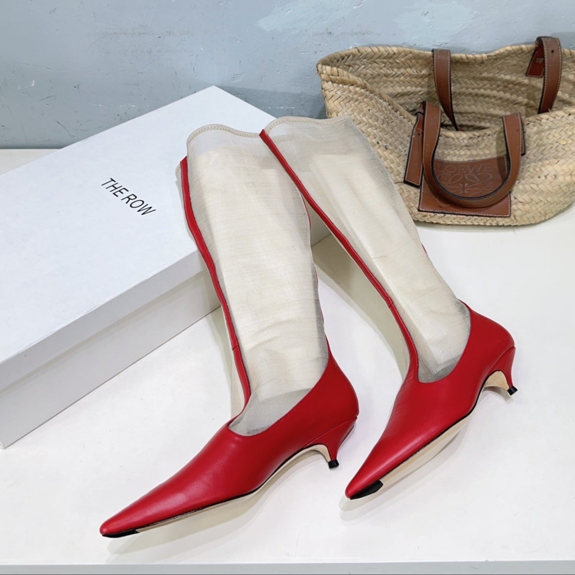 The Row White Mesh Red Leather Knee Boot