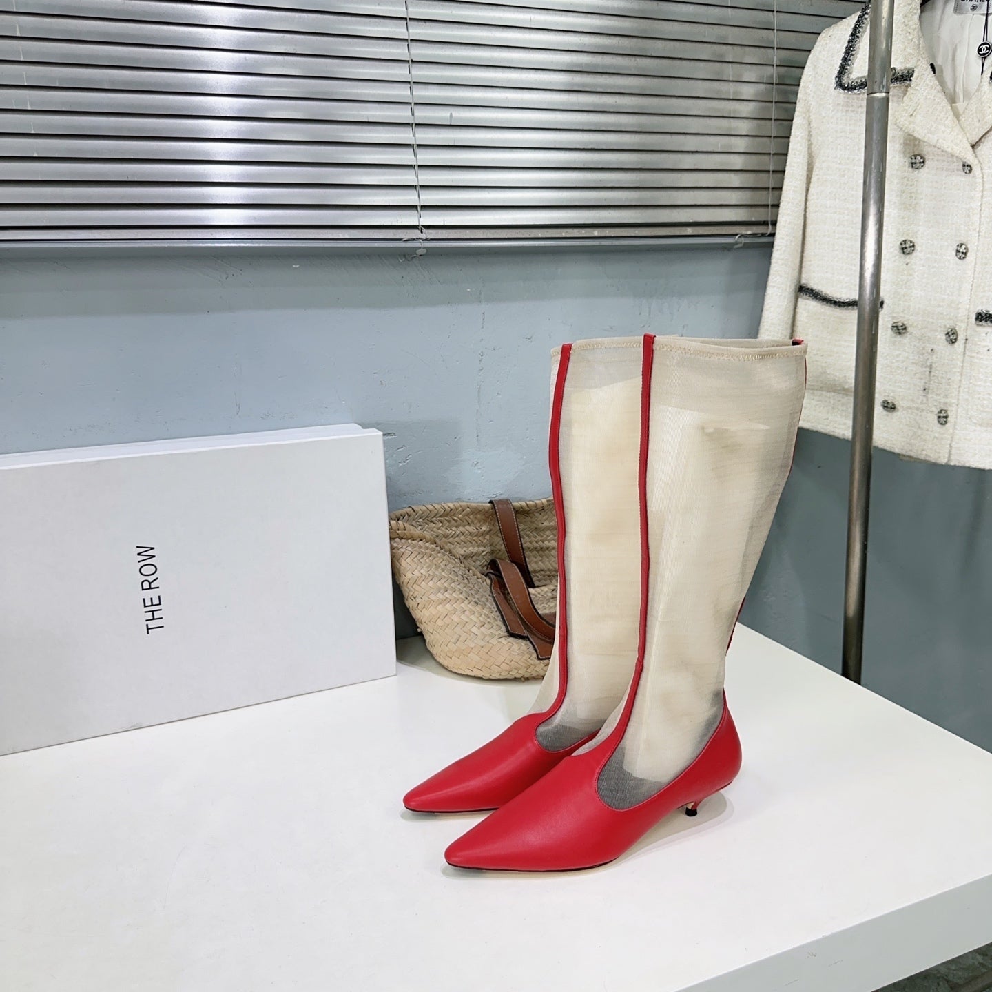 The Row White Mesh Red Leather Knee Boot