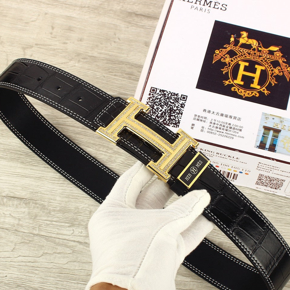 HM Original Belt 38mm Crocodile Embossed Black Pattern Gold Buckle Leather 620264