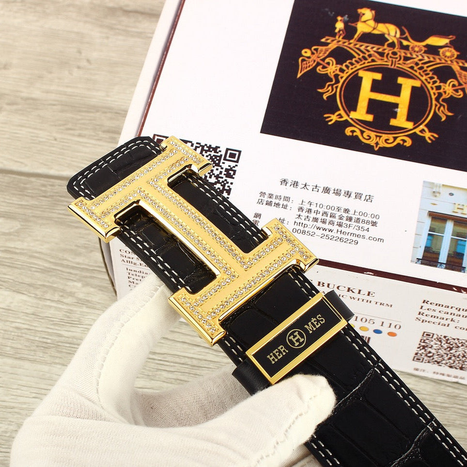 HM Original Belt 38mm Crocodile Embossed Black Pattern Gold Buckle Leather 620264