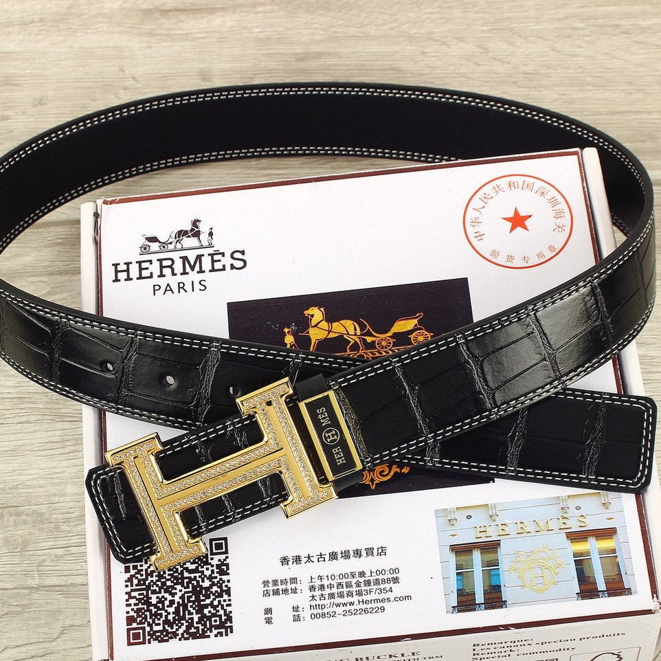 HM Original Belt 38mm Crocodile Embossed Black Pattern Gold Buckle Leather 620264
