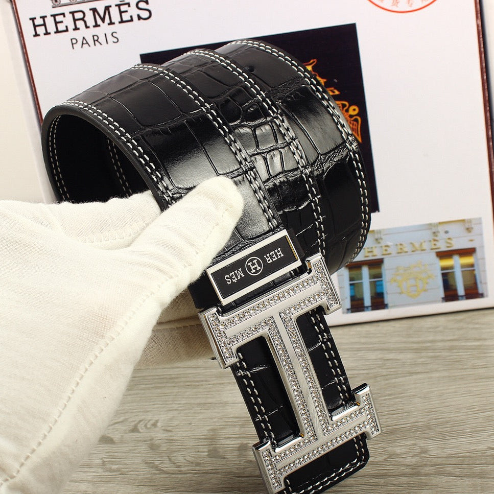 HM Original Belt 38mm Black Crocodile Pattern Leather Silver Buckle 620265