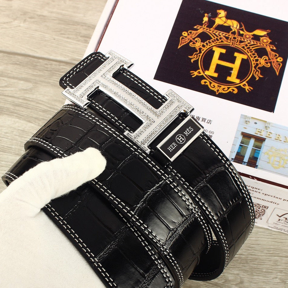 HM Original Belt 38mm Black Crocodile Pattern Leather Silver Buckle 620265