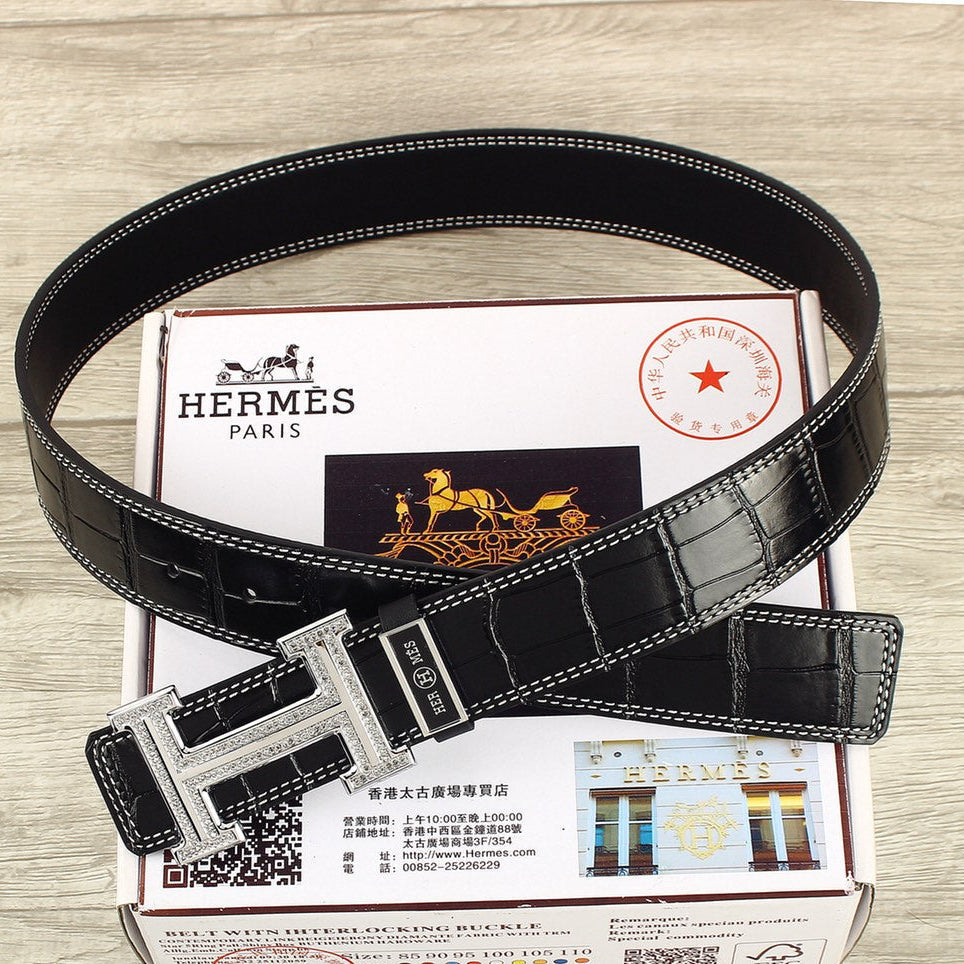 HM Original Belt 38mm Black Crocodile Pattern Leather Silver Buckle 620265