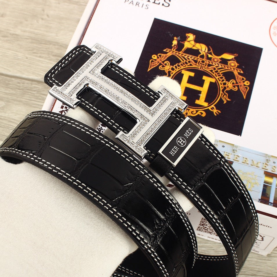 HM Original Belt 38mm Black Crocodile Pattern Leather Silver Buckle 620265