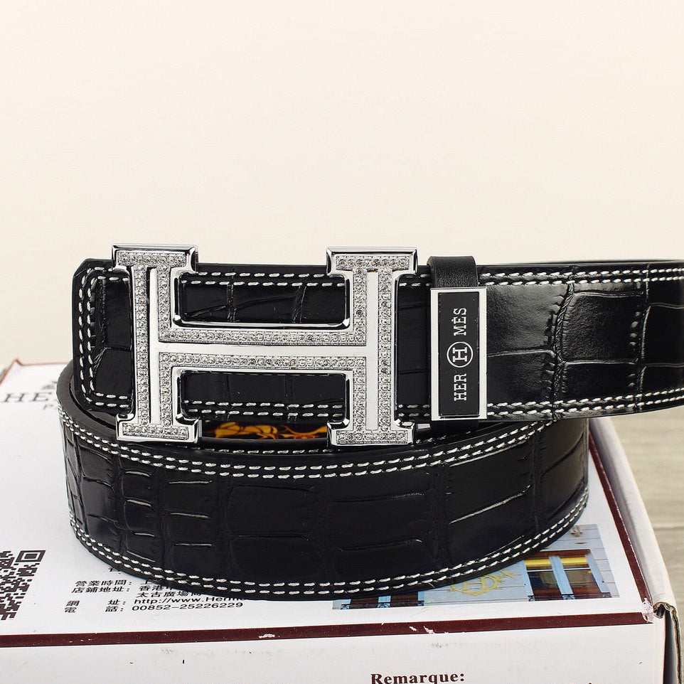 HM Original Belt 38mm Black Crocodile Pattern Leather Silver Buckle 620265