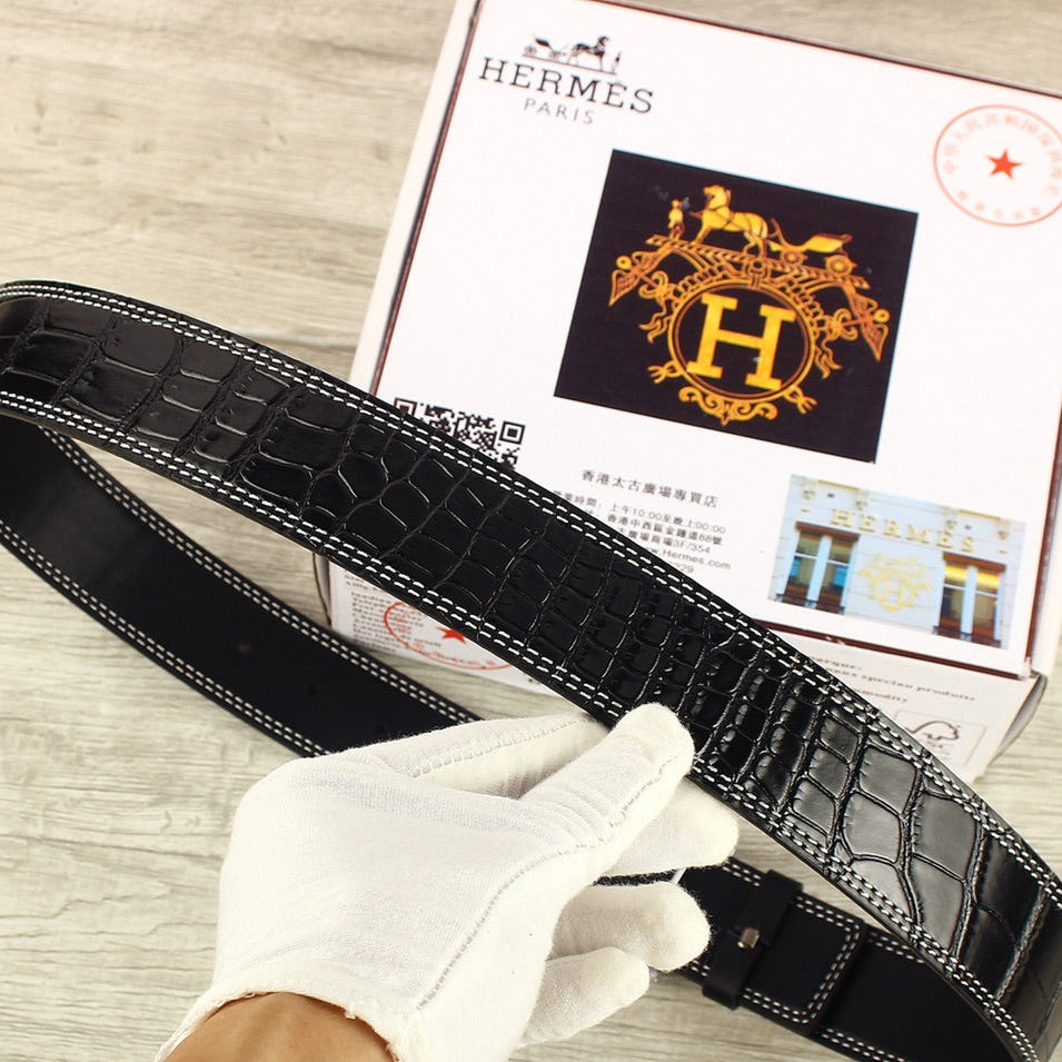 HM Original Belt 38mm Black Crocodile Pattern Leather Silver Buckle 620265