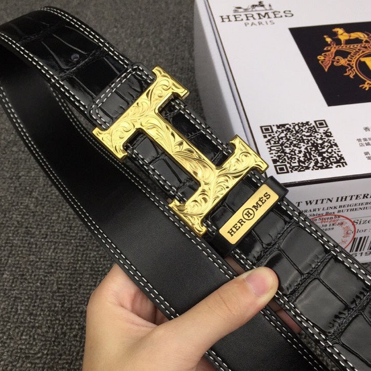 HM Belt 38mm Black Crocodile Embossed Gold Buckle Leather 619361
