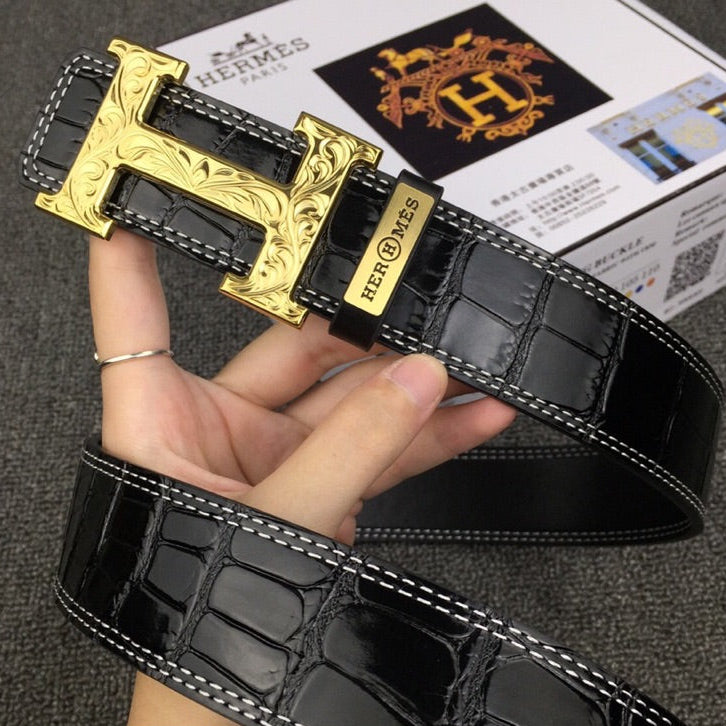 HM Belt 38mm Black Crocodile Embossed Gold Buckle Leather 619361