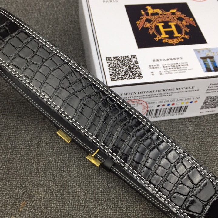 HM Belt 38mm Black Crocodile Embossed Gold Buckle Leather 619361