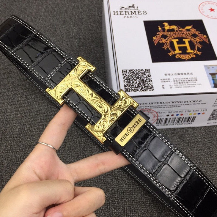 HM Belt 38mm Black Crocodile Embossed Gold Buckle Leather 619361