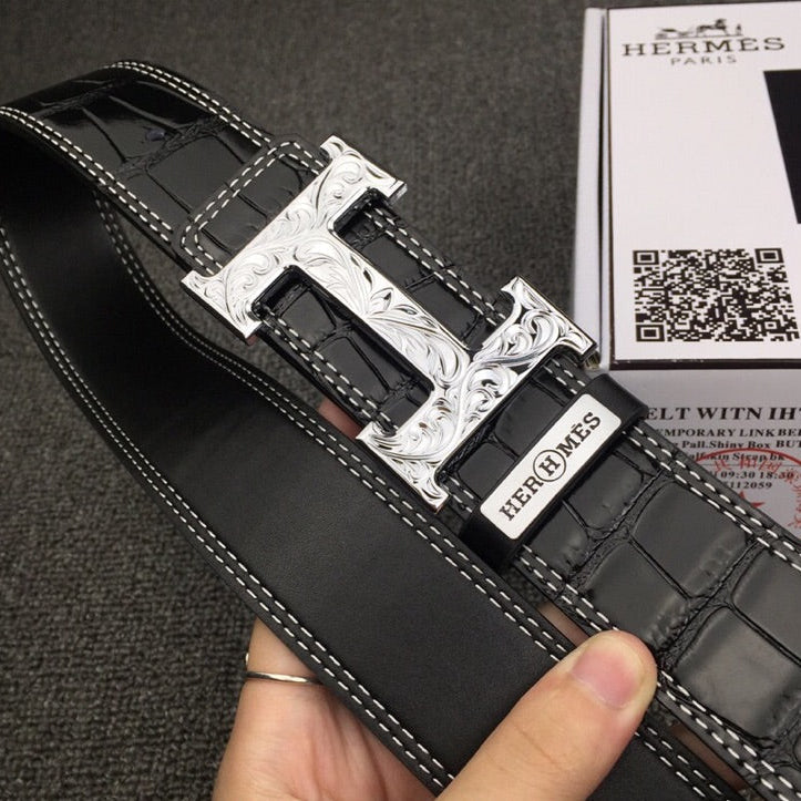 HM Belt 38mm Black Crocodile Embossed Silver Buckle Leather 619362