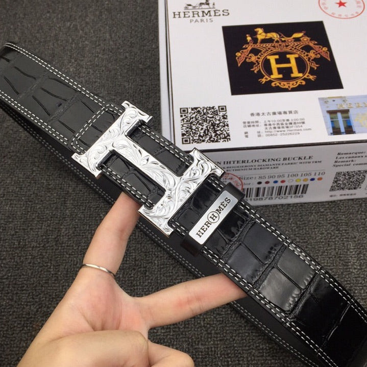 HM Belt 38mm Black Crocodile Embossed Silver Buckle Leather 619362