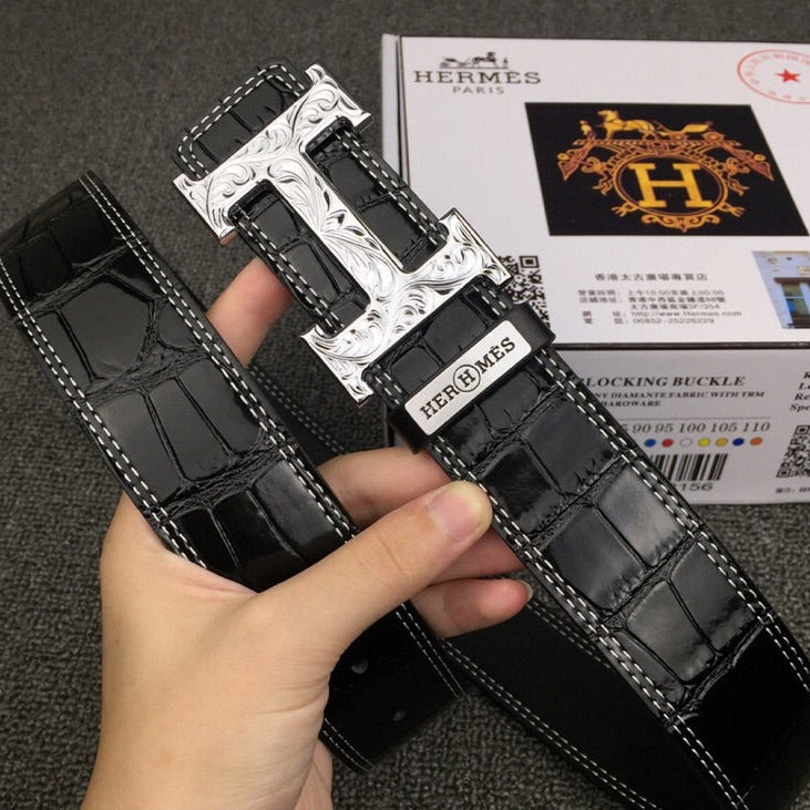 HM Belt 38mm Black Crocodile Embossed Silver Buckle Leather 619362