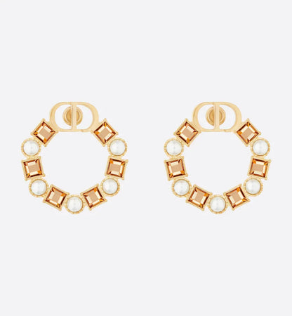 CD EARRINGS GOLD-FINISH METAL WITH RESIN PEARLS AND AMBER-COLORED CRYSTALS