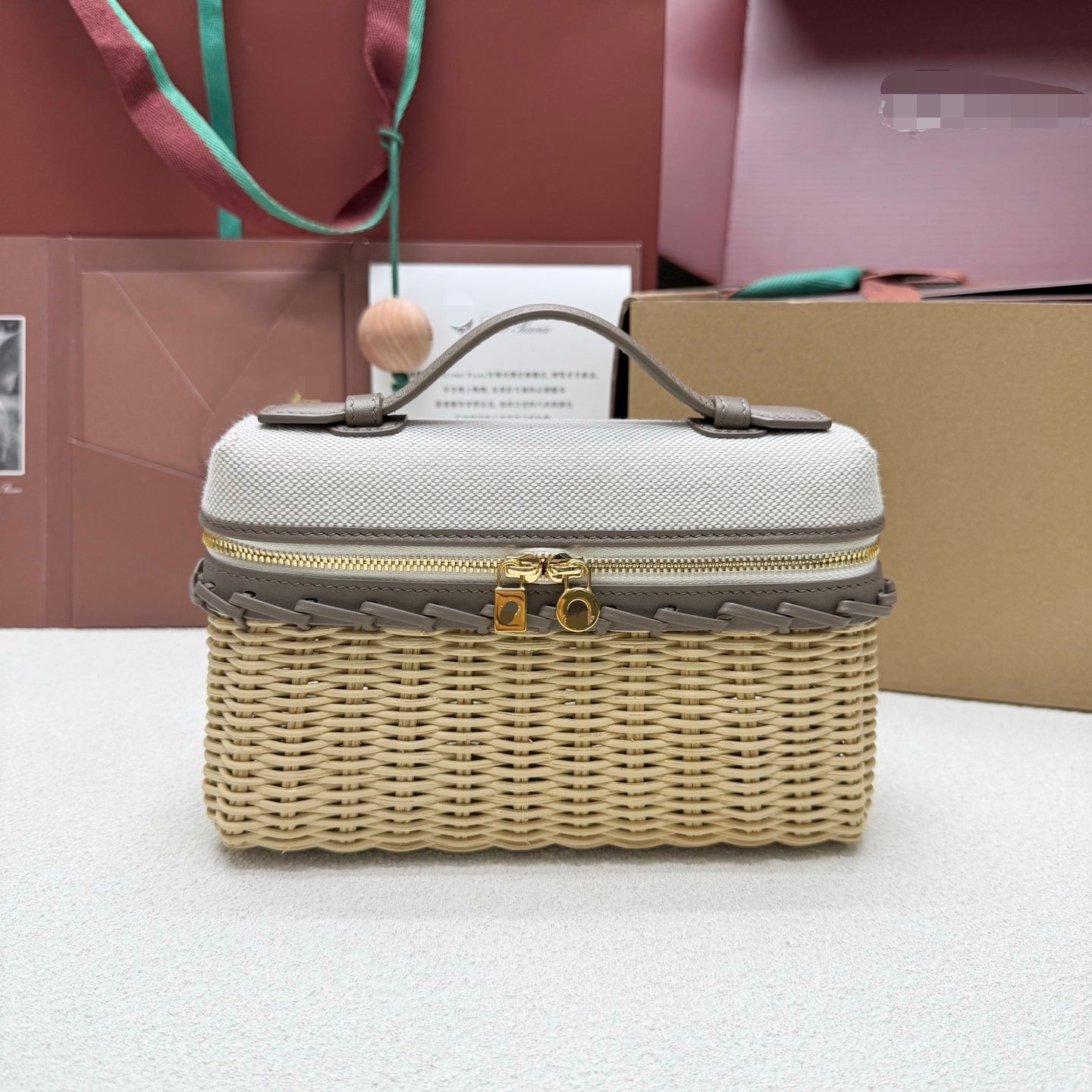 Loro Piana 2026 Extra Pocket L19 East-West Wicker Bag Canvas Calfskin