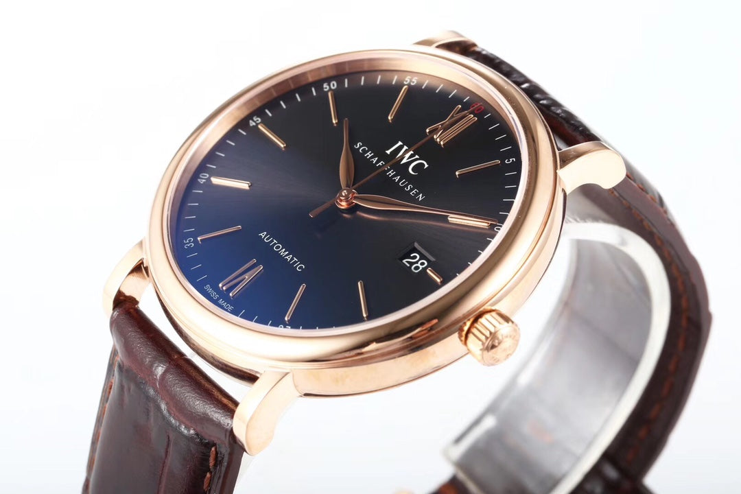 IWC Portofino 40mm Black Dial Pink Gold Case Brown Leather