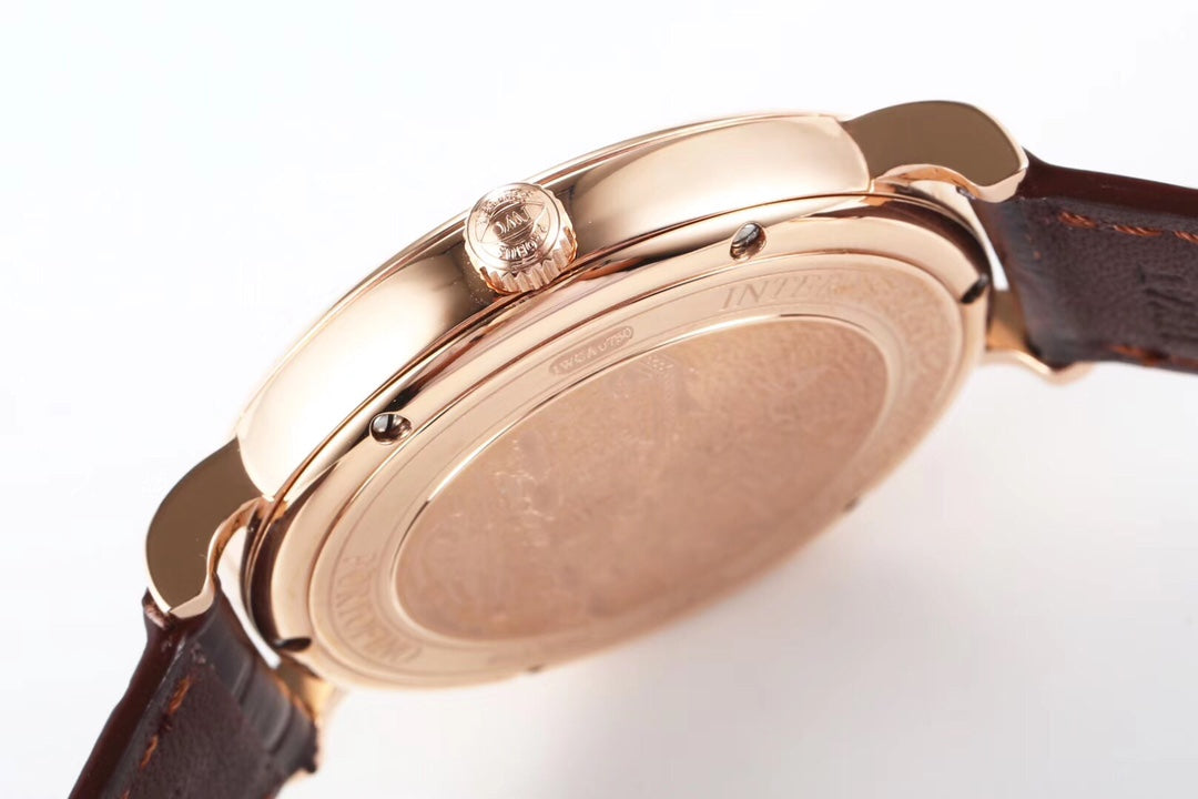 IWC Portofino 40mm Black Dial Pink Gold Case Brown Leather