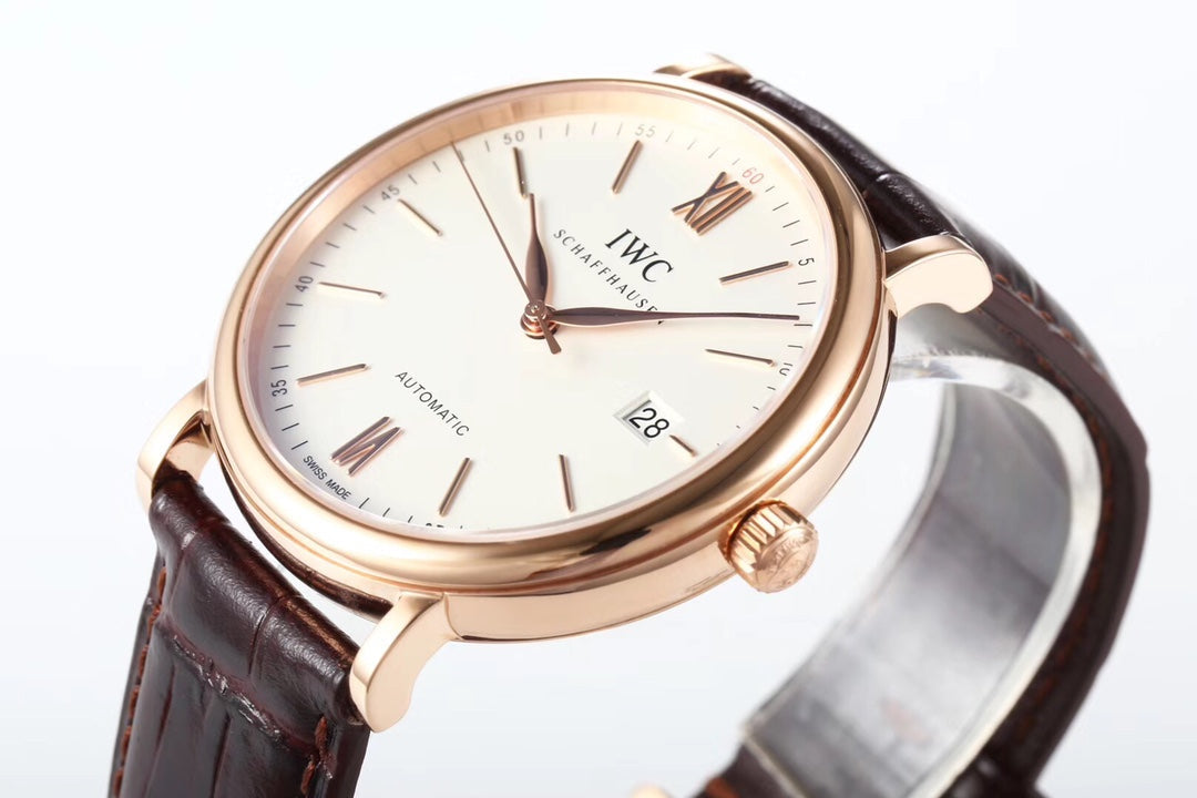 IWC Portofino 40mm White Dial Pink Gold Case Brown Leather