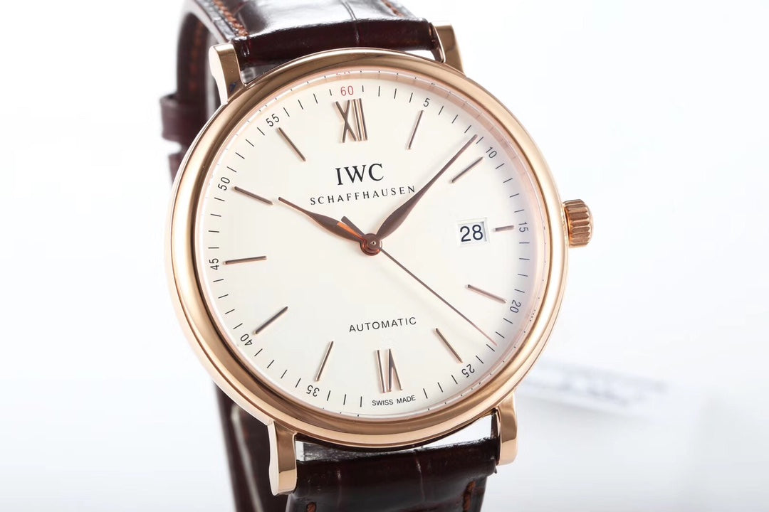 IWC Portofino 40mm White Dial Pink Gold Case Brown Leather