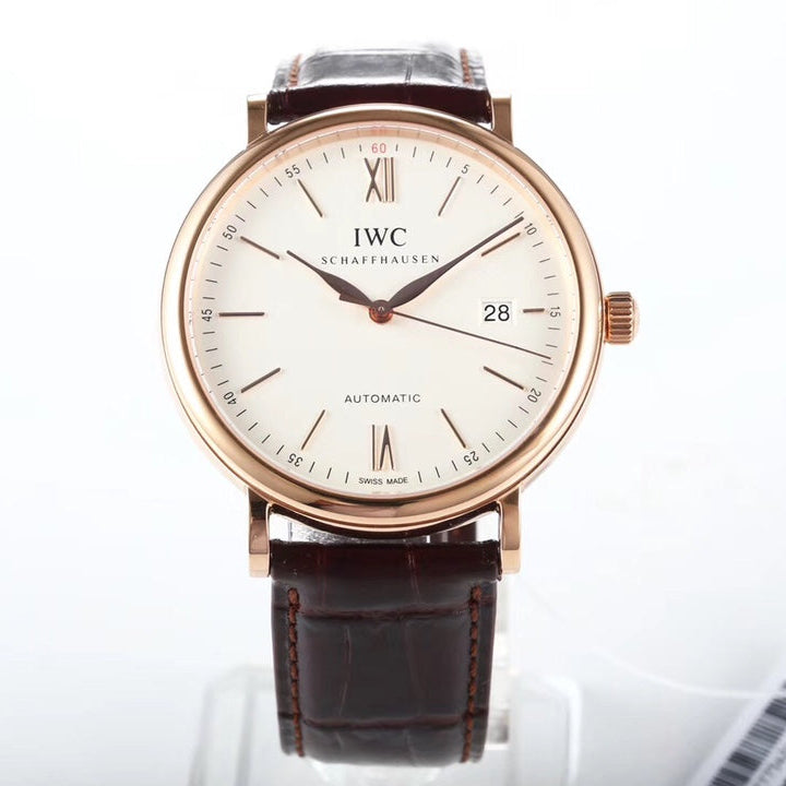 IWC Portofino 40mm White Dial Pink Gold Case Brown Leather