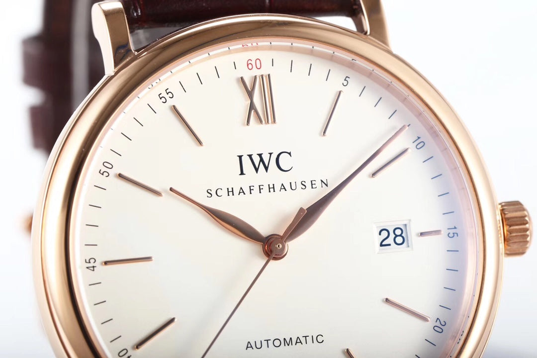 IWC Portofino 40mm White Dial Pink Gold Case Brown Leather