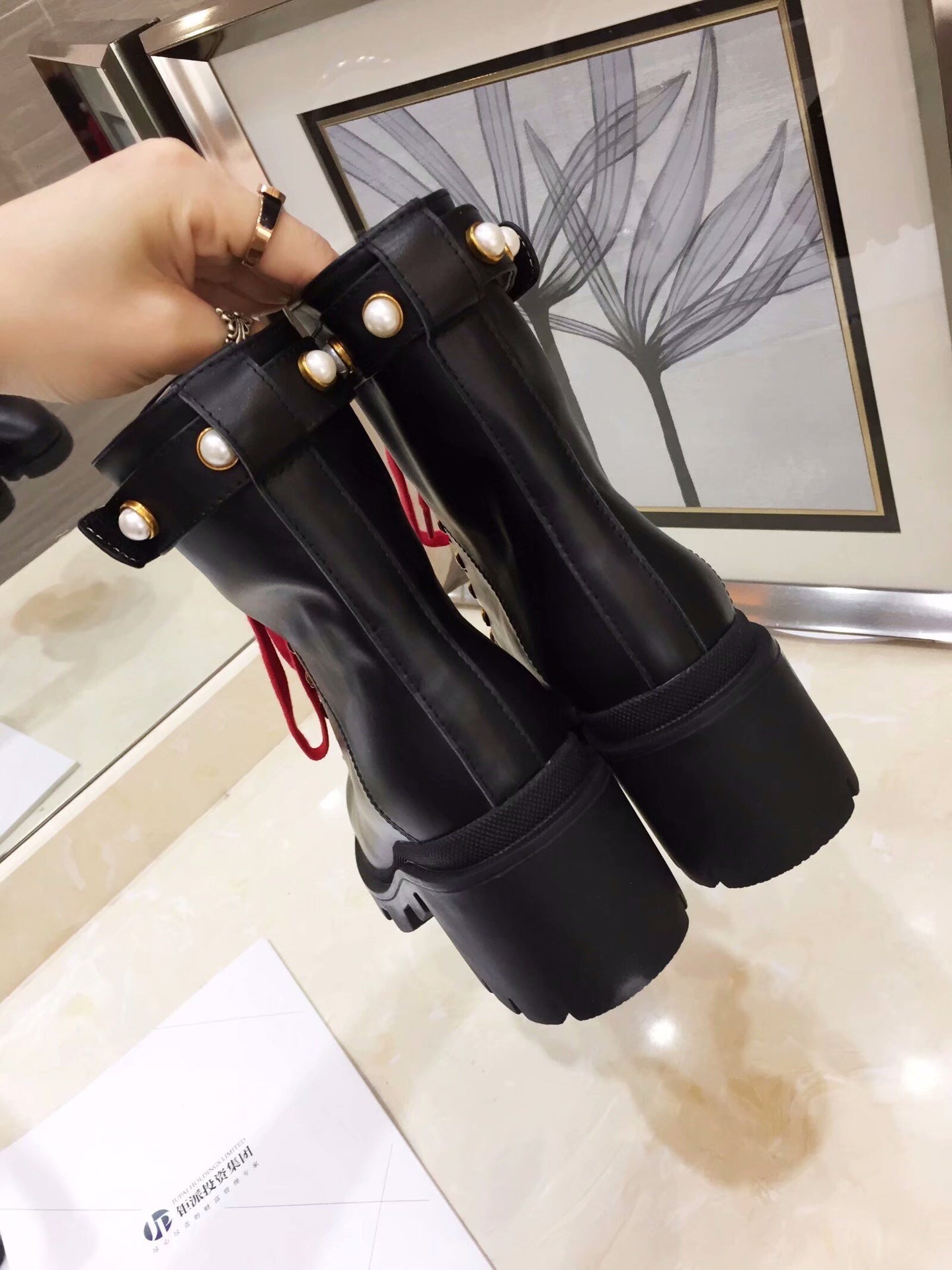 GG Ankle Heel Boots Pearl Black Calfskin