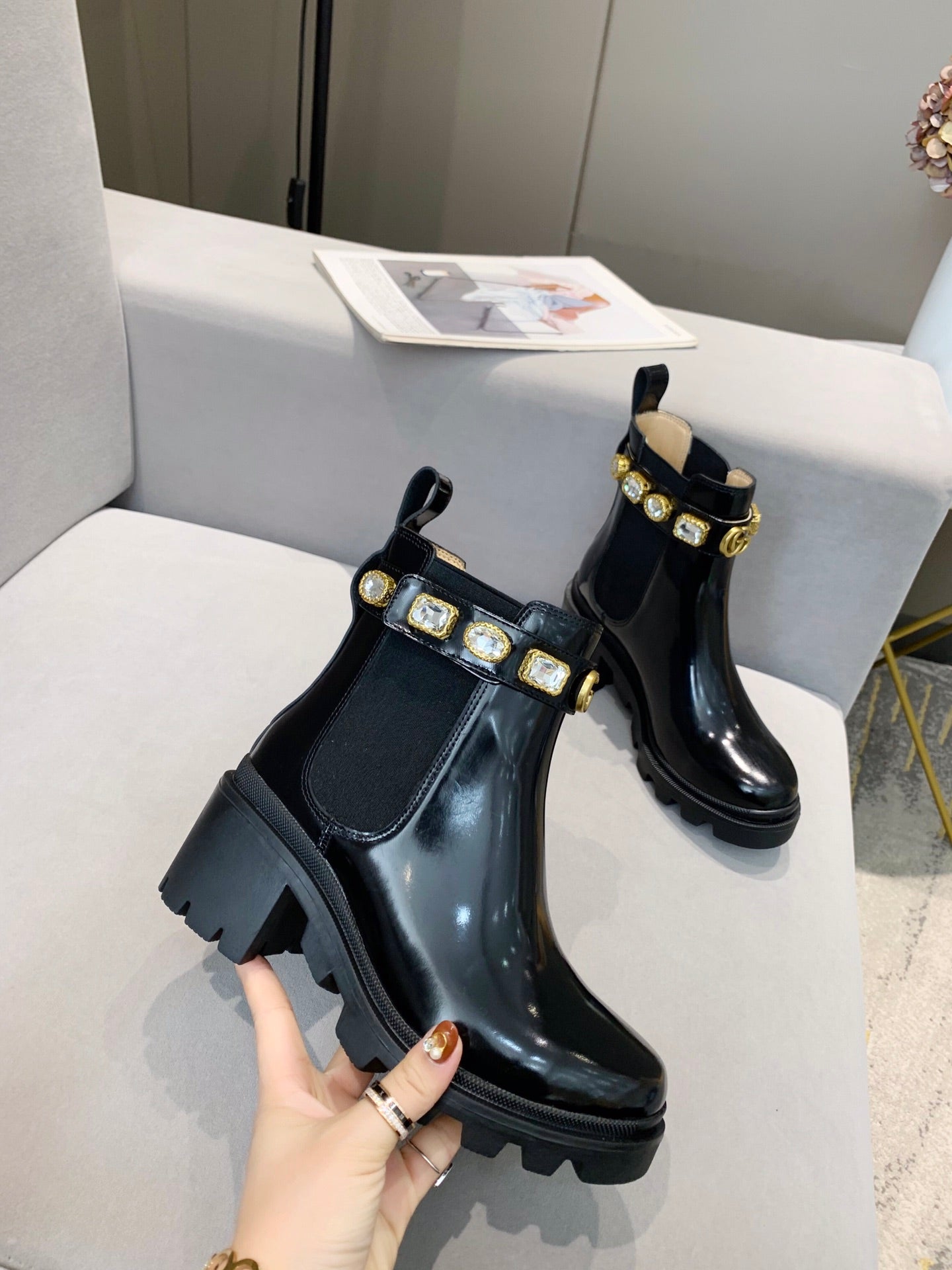 GG ankle boots logo double G black sheepskin
