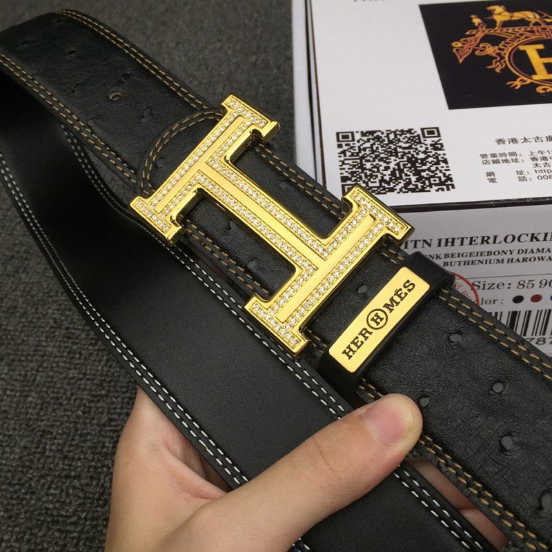 HM Belt 38mm Black Cowhide Leather Gold Diamond Buckle 619513
