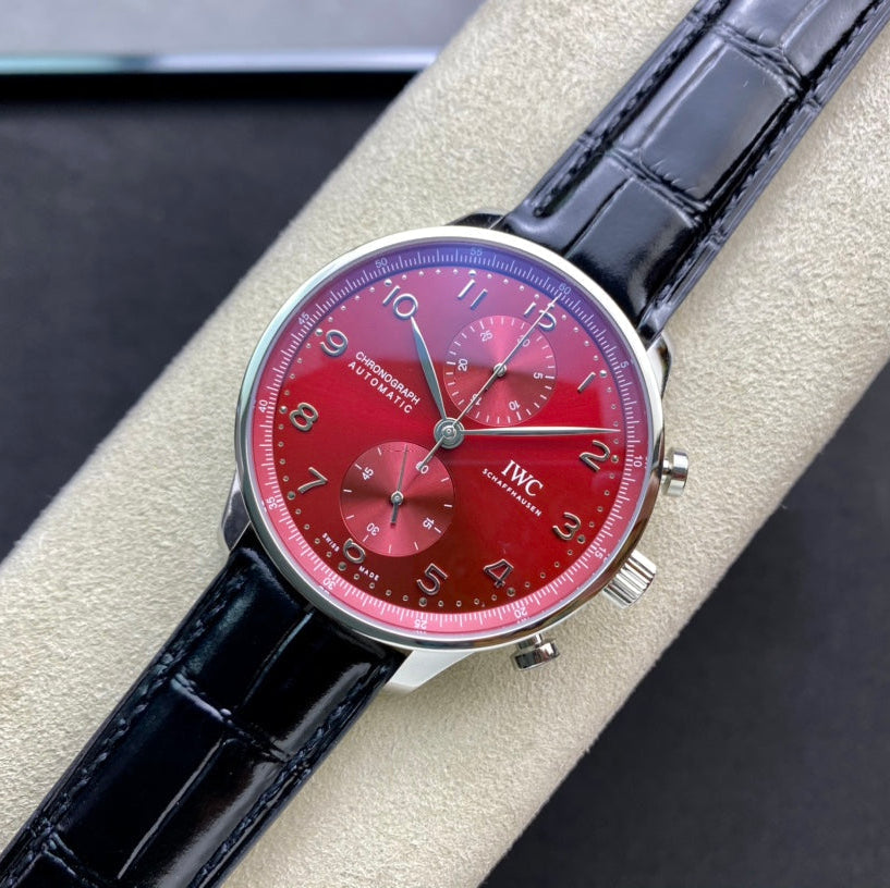 IWC Portuguese 40mm Red Dial Steel Case Black Leather