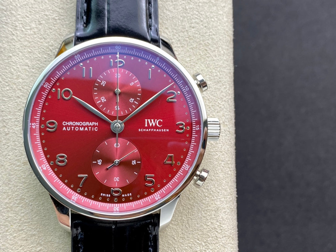 IWC Portuguese 40mm Red Dial Steel Case Black Leather
