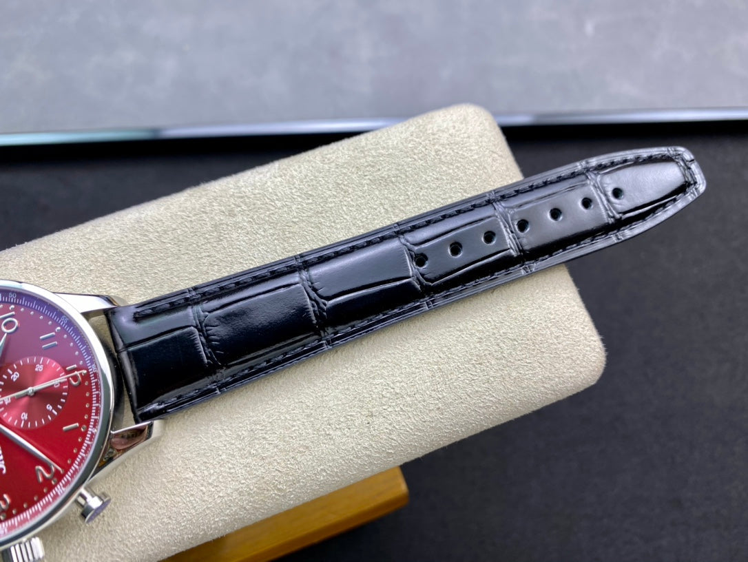 IWC Portuguese 40mm Red Dial Steel Case Black Leather