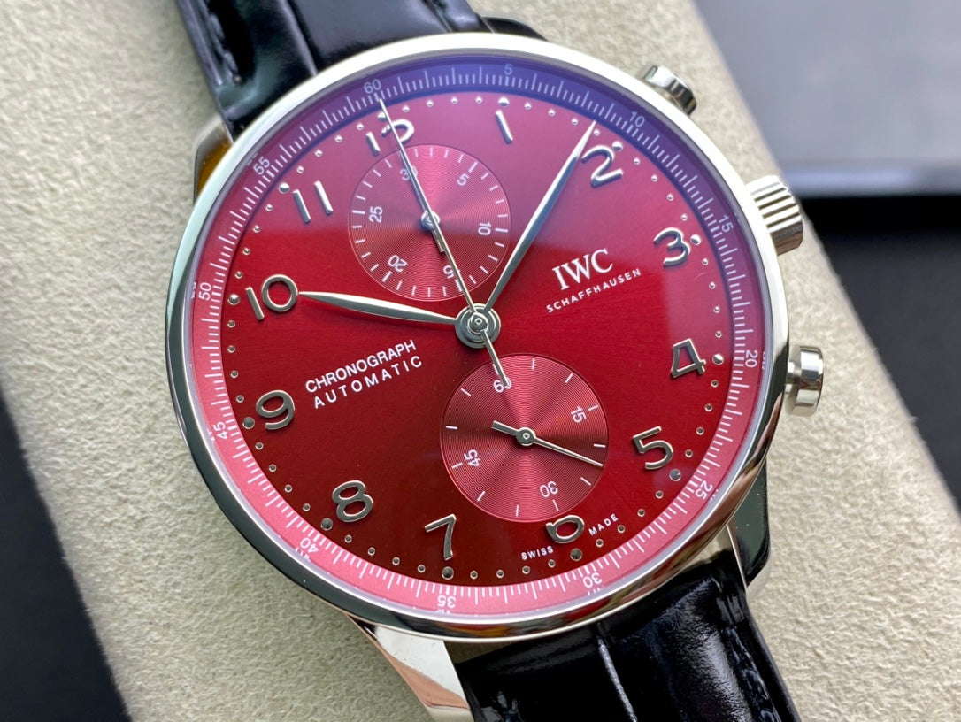 IWC Portuguese 40mm Red Dial Steel Case Black Leather