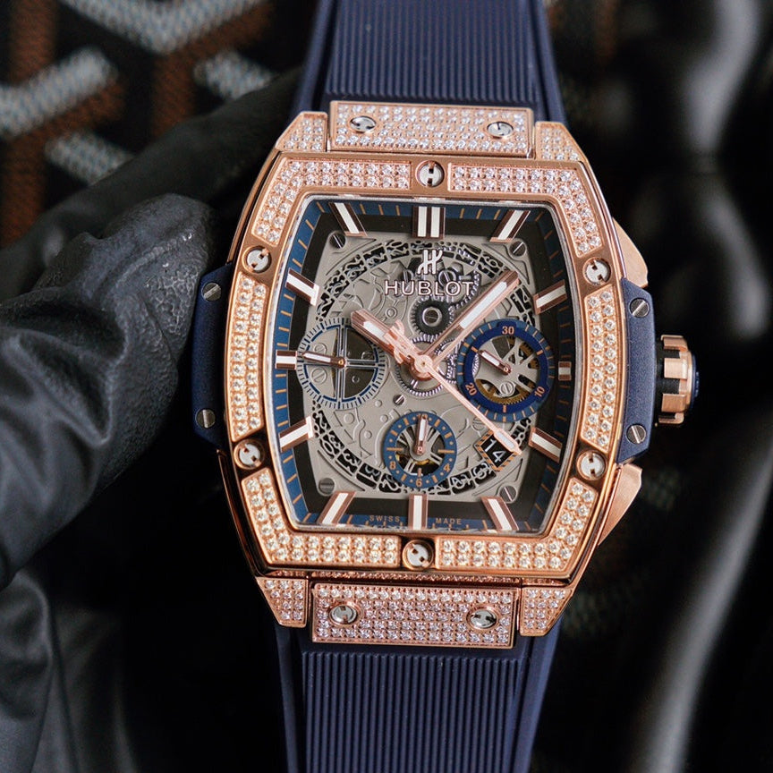 Hublot Spirit of Big Bang Rose Gold Pavé With Diamond 42mm Watch Blue Strap