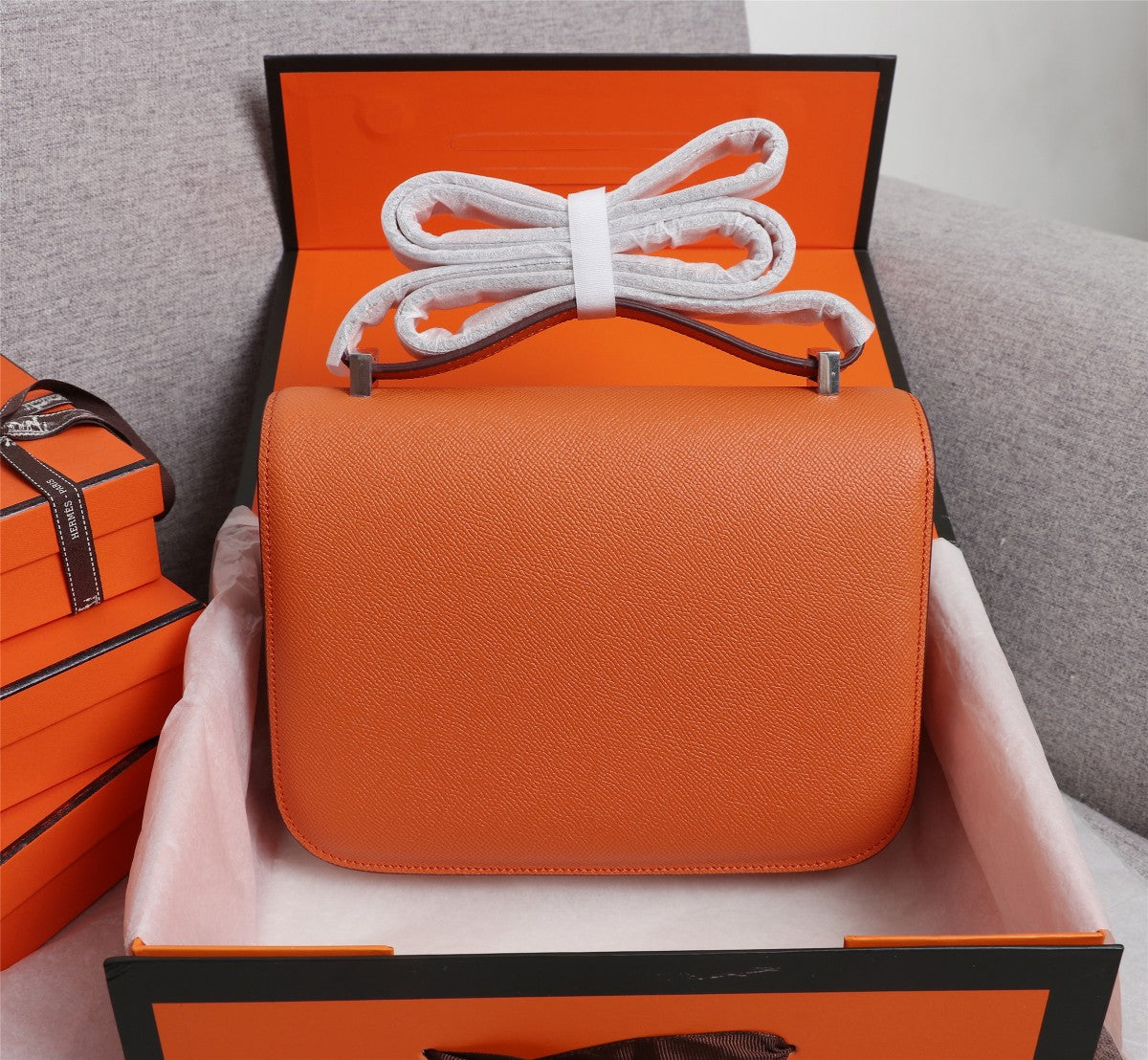 HM CONSTANCE BAGS 22 ORANGE EPSOM SILVER HARDWARE