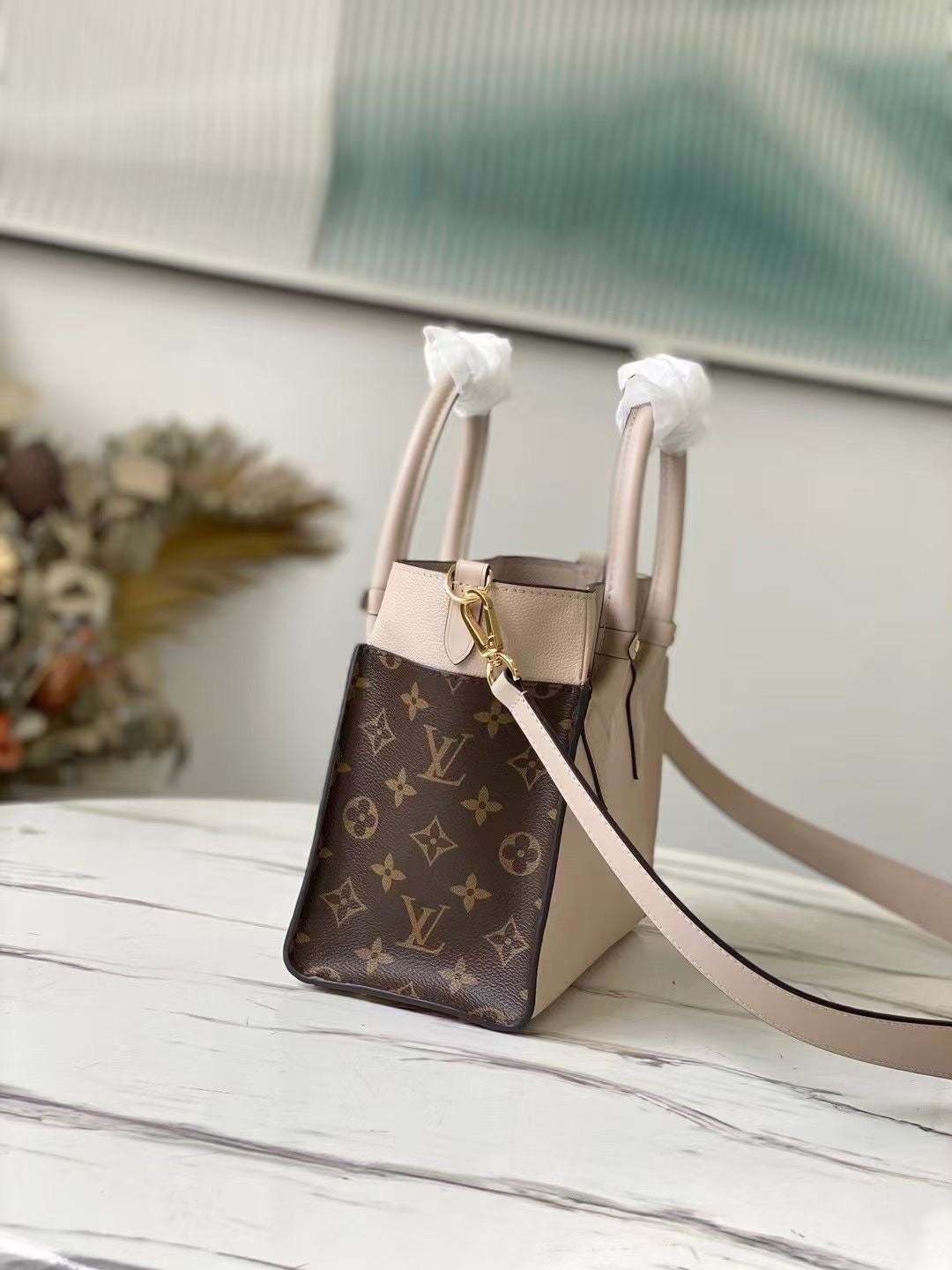 on my size pm 25cm greige calfskin brown monogram canvas