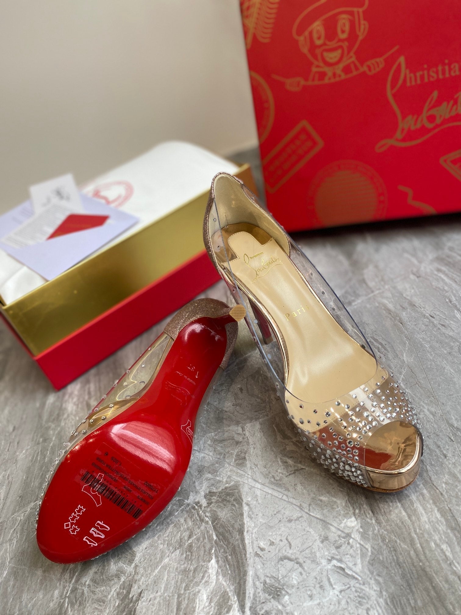 CL Very Strass Peep Toe Pumps 100mm PVC and Glitter Gold